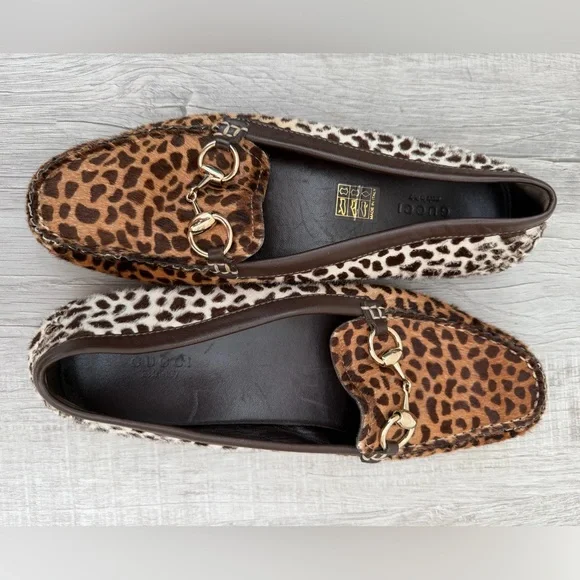 Gucci Brown Leopard Print ponyhair Flats with Gold horsebit - Picture 3 of 7